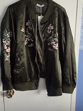 Floral Embroidered Satin Bomber Jacket - Olive Green